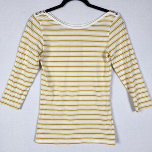 Matilda Jane Yellow White Striped Stretchy Sunny Boat Neck Button Shoulder Tee S